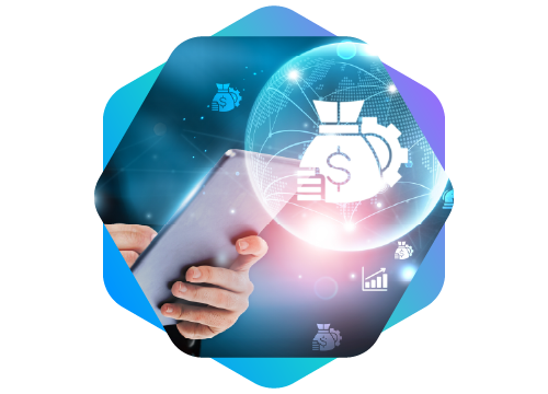 tablet rodeado de ícones de finanças