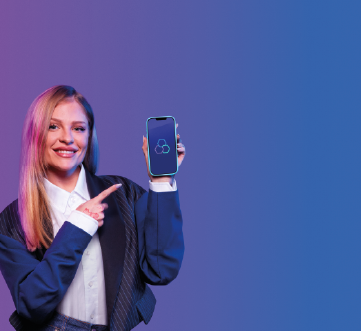 Luisa Sonza segurando e apontando para celular com logo do Banrisul na tela